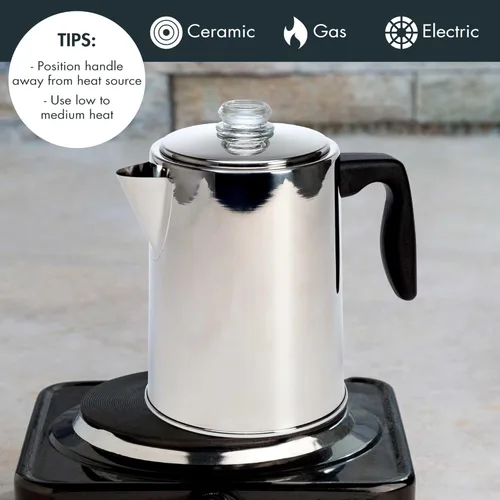 Vista 3 de Primula Cafetera para estufa, cafetera de acero inoxidable de alta calidad con cesta de filtro reutilizable, boquilla antigoteo, indicador