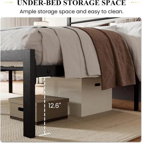 Vista 5 de SHA CERLIN Base de cama de tamaño matrimonial con estante de cabecera y base de metal resistente, no necesita somier, color marrón