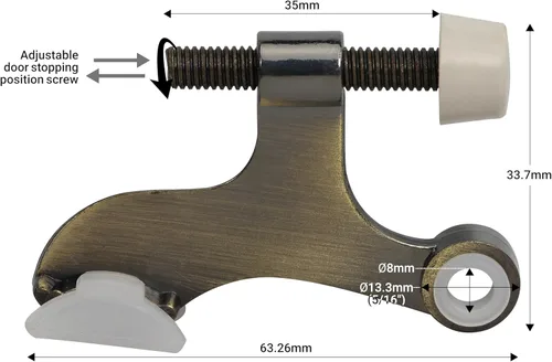 Vista 2 de Paquete de 5 tope de puerta Rok Hardware ajustable de alta resistencia con acabado de latón antiguo, ROKDSP1AB