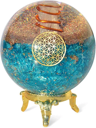 Orgonite Crystal Bola de cristal azul aguamarina con soporte para energía positiva, equilibrio de chakras, con símbolo de flor de la vida para