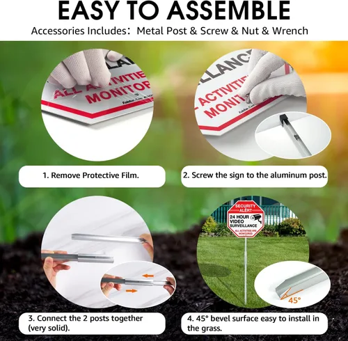 Vista 4 de Faittoo Letrero de seguridad para videovigilancia con estaca de 36 pulgadas para exterior, aluminio pesado libre de óxido, reflectante, resistente a