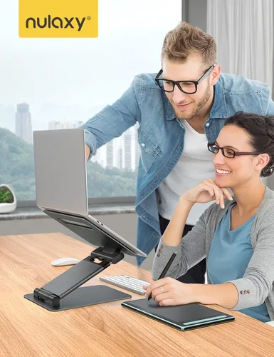 Vista 7 de Nulaxy Soporte de computadora portátil de altura ajustable para escritorio, elevador de computadora de aluminio plegable doble, diseño extraíble