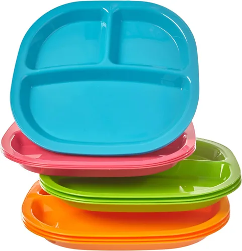 US Acrylic Harmony - Bandeja de plástico dividida de 3 compartimentos para niños en 4 colores Calypso | Juego de 12 platos reutilizables sin BPA,