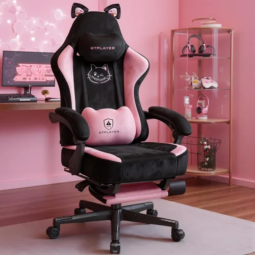Silla de juegos rosa linda con orejas de gato, ergonómica con bordado de gato, soporte lumbar de espuma viscoelástica ajustable y reposacabezas,