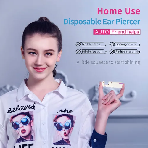 Vista 3 de Firstomato Juego de 2 piercings desechables para la oreja, pistola de perforación de oreja, kit de perforación de cartílago con aretes oro de 24