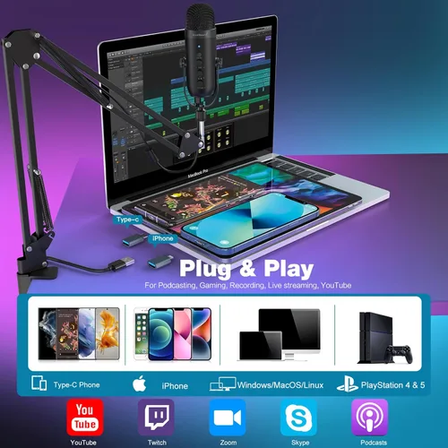 Vista 2 de ZealSound Micrófono para juegos para PC, micrófono de podcast USB con reducción de ruido, control de silencio y ganancia, monitoreo de latencia