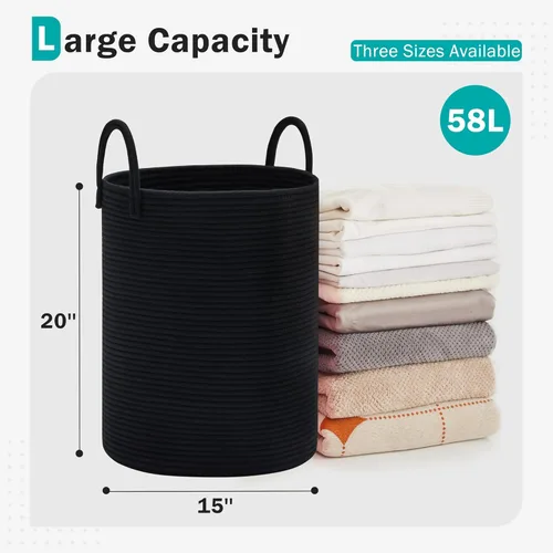 Vista 2 de Cesta de Cuerda de Algodón para Ropa Sucia de YOUDENOVA, 58L - Cesta de Lavandería Tejida Plegable - Cesta de Almacenamiento de Ropa para Mantas