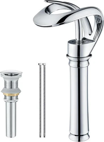 Elegante grifo de lavabo de baño de un solo agujero, AUU grifo de lavabo tipo cascada cromado de latón sólido, grifo alto de lavabo de una sola