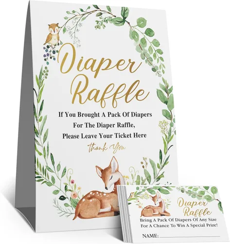 skuhyyg Cartel de sorteo de pañales, juego de decoración de juego de baby shower (1 letrero + 50 tarjetas), entrada de inserción de animales del
