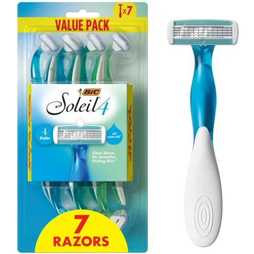BIC Soleil 4 - Maquinillas de afeitar desechables de 4 cuchillas para mujer, cabeza giratoria y asas coloridas, paquete de 7