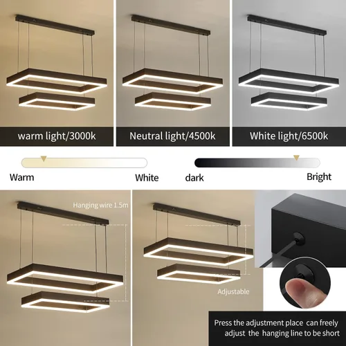 Vista 8 de Lámparas de araña modernas para sala de estar, lámpara colgante de 2 anillos rectangulares para isla de cocina, lámpara de araña LED regulable
