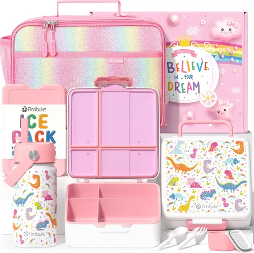 Vista 12 de Fimibuke Lonchera Bento para Niños con 4 Compartimentos, Bolsa de Almuerzo Aislada, Botella de Agua Aislada de Acero Inoxidable, Paquete de Hielo