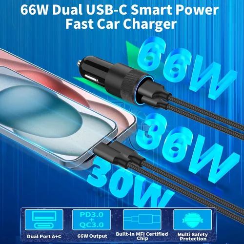 Vista 4 de [Apple MFi Certified] iPhone 17 Car Charger Fast Charging, Braveridge 2Pack 75W USB-C PD&QC Power Cigarette Lighter + Type-C Braided Cable for