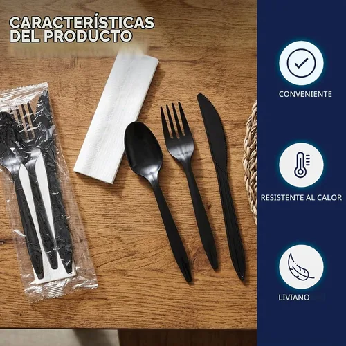 Vista 3 de Party Essentials Paquetes de cubiertos de plástico envueltos individualmente, tenedor/cuchara/cuchillo/servilleta, 50