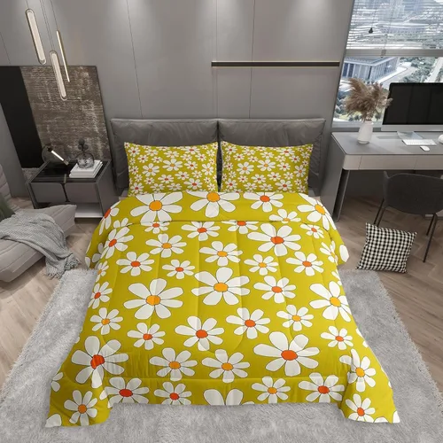 Juego de ropa de cama de flores hippie tamaño King, juego de edredón floral retro de los años 70 para decoración de habitación para parejas, edredón
