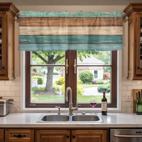Vista 9 de Cortinas de cocina estilo granja con cenefas para ventanas en color teja turquesa verde marrón con bolsillo para barra, tratamiento de ventana