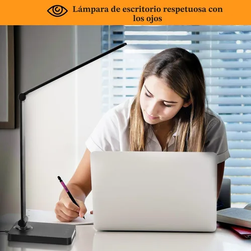 Vista 4 de Lámpara de escritorio con luz LED y control táctil de 3 niveles de brillo; lámpara de oficina regulable con brazo ajustable y plegable para mesa