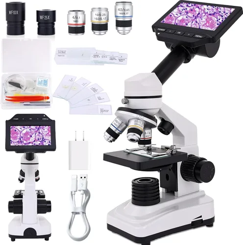 Microscopio para adultos y niños, 40X-2500X Microscopio compuesto de alta potencia para estudiantes, laboratorio escolar y escuela en casa, equipado