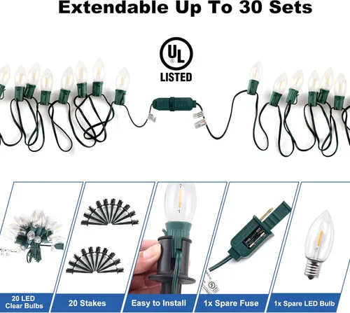 Vista 7 de PerPaiMe C9 Luces de camino de Navidad al aire libre LED - 24.2 pies Cadena de luces con 20 bombillas, luces impermeables de camino de Navidad