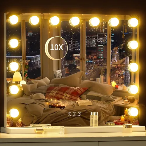 Vista 9 de Espejo de tocador con luces, espejo de maquillaje iluminado con 15 bombillas LED regulables, 3 modos de iluminación de color, puerto de carga USB
