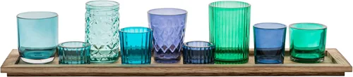Vista 6 de Creative Co-Op Bandeja de madera con 9 soportes votivos de vidrio azul y verde