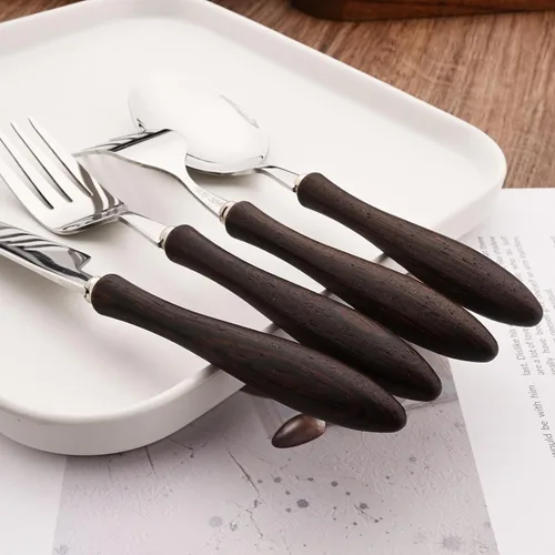 Vista 7 de Juego de cubiertos con mango de madera, 24 piezas (4 juegos), juego de cubiertos con cuchillos para carne, vajilla de acero inoxidable 304 de lujo
