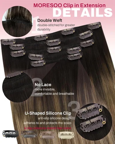 Vista 4 de Moresoo Extensiones de cabello humano con clip, balayage, color marrón oscuro a marrón dorado con clip, extensiones de cabello humano con clip, 5