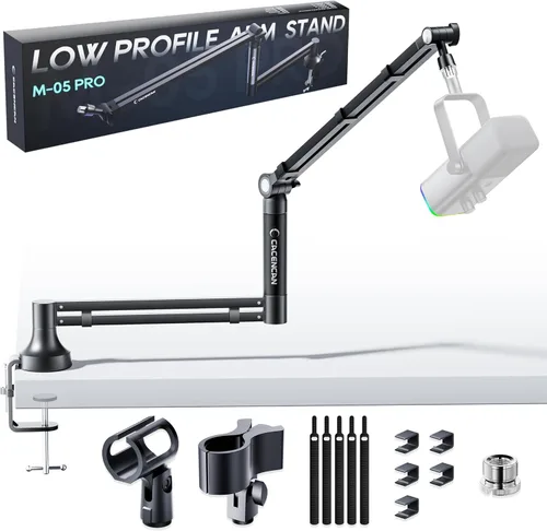 Vista 9 de CACENCAN Brazo articulado, soporte de micrófono giratorio de 360° con montaje de escritorio, brazo de micrófono de escritorio plegable con adaptador