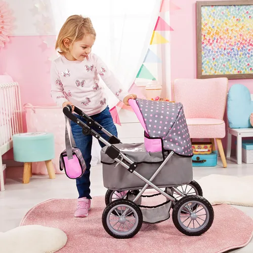 Vista 6 de Bayer Cochecito de muñeca de moda para niñas, mango ajustable, carro con bolsa, se adapta a muñecas de 18 pulgadas
