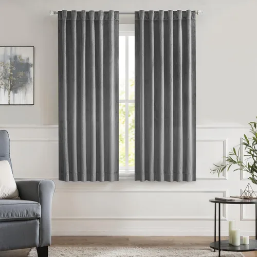 Paneles de cortinas opacas de terciopelo gris oscuro para ventana, reducción de ruido, 90% de oscurecimiento de la habitación, bolsillo para barra,