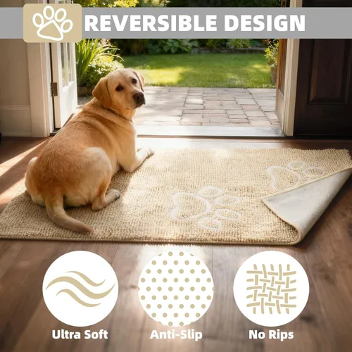 Vista 3 de PUPTECK Tapete para perro sucio de 60 x 30 pulgadas, microfibra súper absorbente, parte trasera antideslizante, color beige