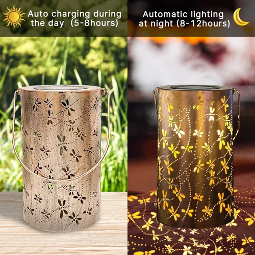 Vista 4 de Faroles solares impermeables para exteriores, luces solares de libélula de metal, luces solares decorativas de mesa, farol colgante solar, luces
