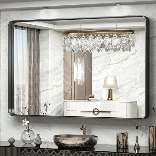Vista 112 de TokeShimi Espejo de pared de baño de níquel cepillado de 20 x 30 pulgadas, marco de metal, esquina redonda, rectangular, para decoración del hogar