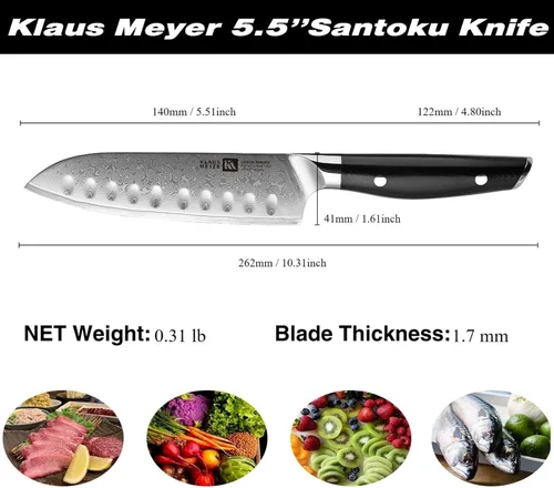 Vista 6 de Klaus Meyer Luxor - Cuchillo Santoku de acero Damasco de 5.5 pulgadas con funda de madera