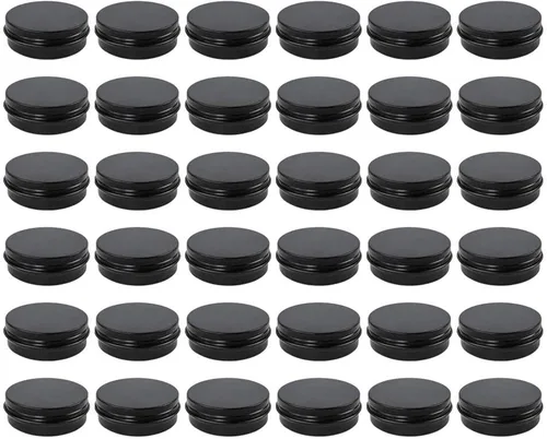 Moretoes Paquete de 36 latas, recipientes de bálsamo labial de 2 onzas, latas redondas de metal negro, latas de aluminio, lata vacía con tapas de