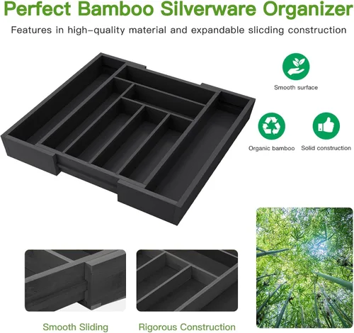 Vista 5 de Pipishell - Organizador de Cajones Extensible de Bambú para Soporte de Utensilios, Bandeja de Cubiertos Ajustable, Organizador de Divisores