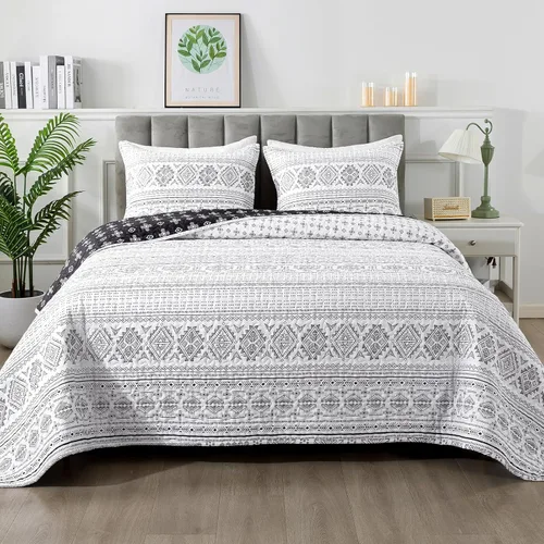 Vista 13 de Andency - Juego de edredón gris tamaño Queen, 3 piezas (1 edredón estampado boho a rayas de 90x96 pulgadas y 2 fundas de almohada), juego de colcha