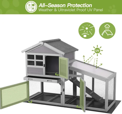 Vista 4 de Conejera de interior y exterior, madriguera con puerta para ventilación, conejera de madera con bandeja para no derramar, malla de alambre inferior