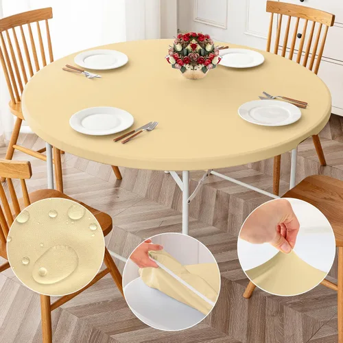 Vista 8 de ManMengJi Paquete de 2 manteles redondos ajustables color negro con bordes elásticos, impermeable, resistente a las manchas, para uso en exteriores