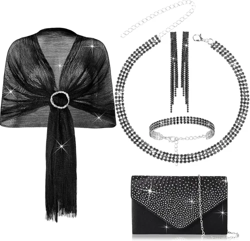Hicarer 5 piezas de accesorios para mujer, incluyendo chales y envolturas, bolsas de noche, conjuntos de joyas de diamantes de imitación para boda