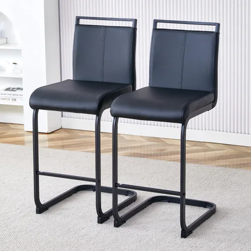 gopop Juego de 2 taburetes de bar de altura de mostrador con respaldo, taburetes de cocina de cuero sintético negro con patas de metal recubierto de