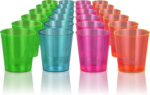 Vista 2 de DecorRack Vasos de chupito de neón de 2 onzas, 120 vasos de chupito de plástico, vasos desechables para fiesta, mini vasos de chupito