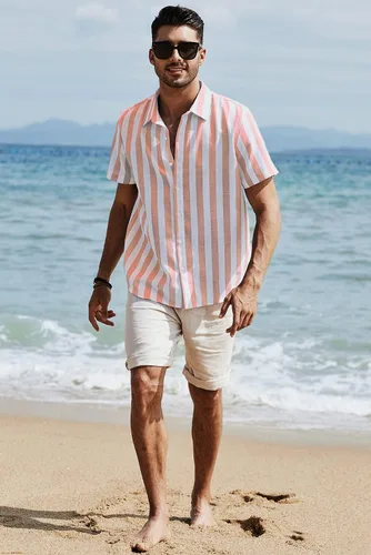 Vista 102 de JMIERR Camisas de vestir a rayas con botones y manga corta para hombre