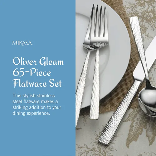 Vista 5 de Mikasa, Oliver Gleam - Juego de cubiertos para 12, 65 piezas, acero inoxidable 18/10, juego de cubiertos con utensilios para servir