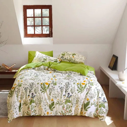 Wellboo - Juego de edredón botánico, tamaño Queen, blanco y verde, ropa de cama con plantas verdes salvia, para niñas, mujeres, algodón, acuarela,