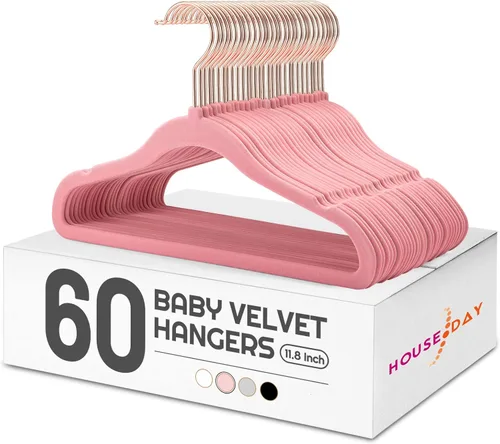 HOUSE DAY Perchas de terciopelo para bebé, paquete de 60 perchas de terciopelo para niños, perchas antideslizantes para niños pequeños de 11.8 Rosa