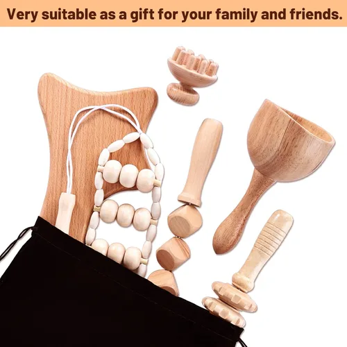 Vista 9 de Meifuly - 6 herramientas de masaje de terapia de madera, kit completo profesional de masajeador de madera para moldear el cuerpo, drenaje linfático