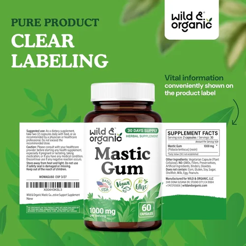 Vista 7 de Wild & Organic Cápsulas de goma mastica – 1000 mg de suplemento de goma mastica para apoyo intestinal – 30 días de suministro – 60 cápsulas
