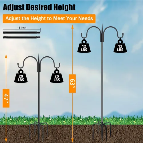 Vista 3 de FEED GARDEN Gancho de pastor doble ajustable para exteriores con base de 5 puntas de 63 pulgadas, poste resistente de comedero de pájaros de dos