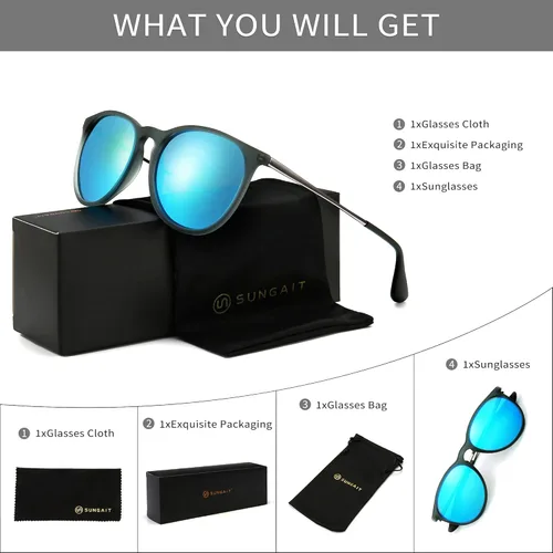 Vista 7 de SUNGAIT Gafas de sol redondas vintage para mujeres y hombres, estilo clásico retro